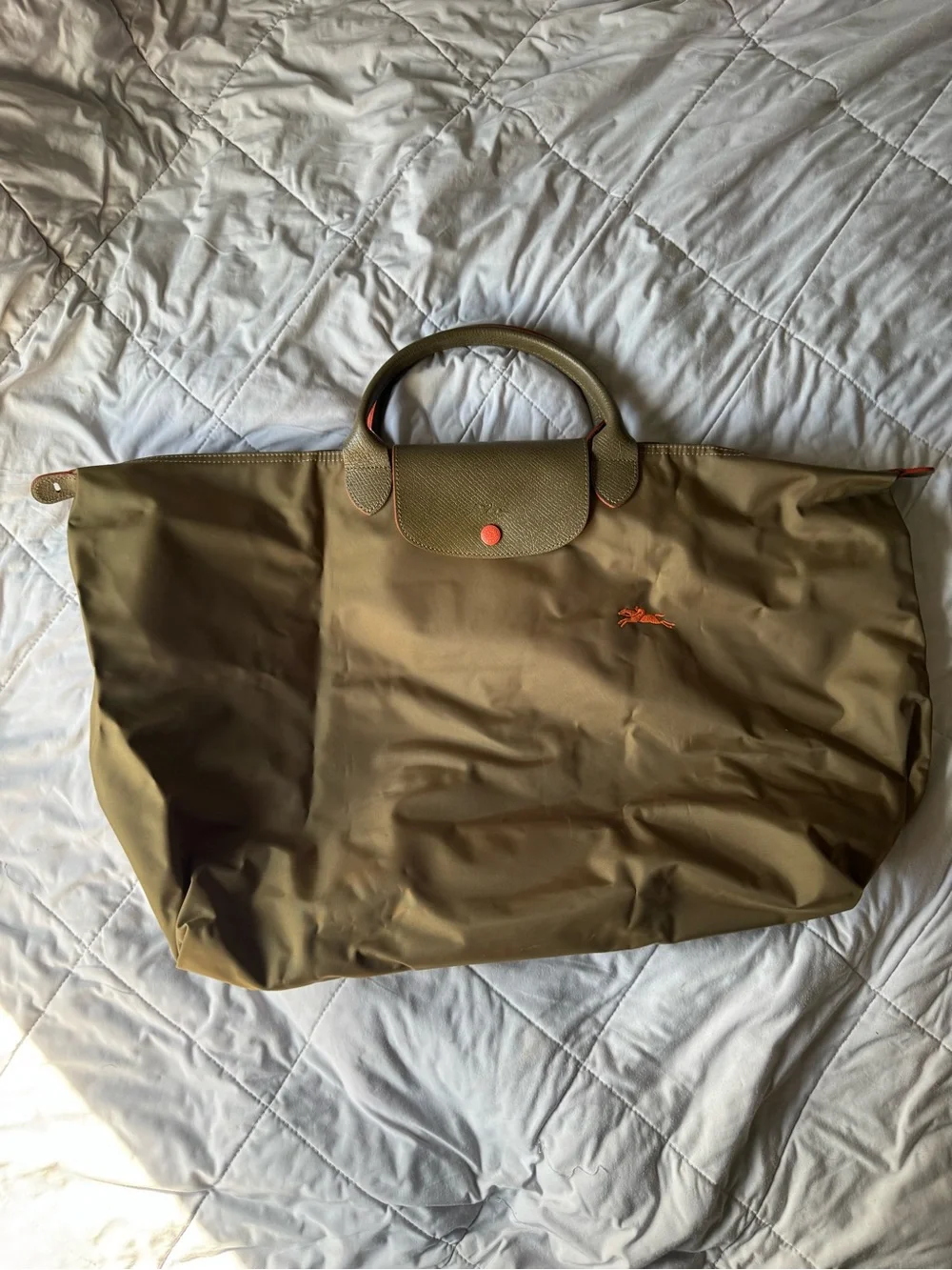 Longchamp Olive Green Nylon Tote with Orange Accent - Picture 1 of 6